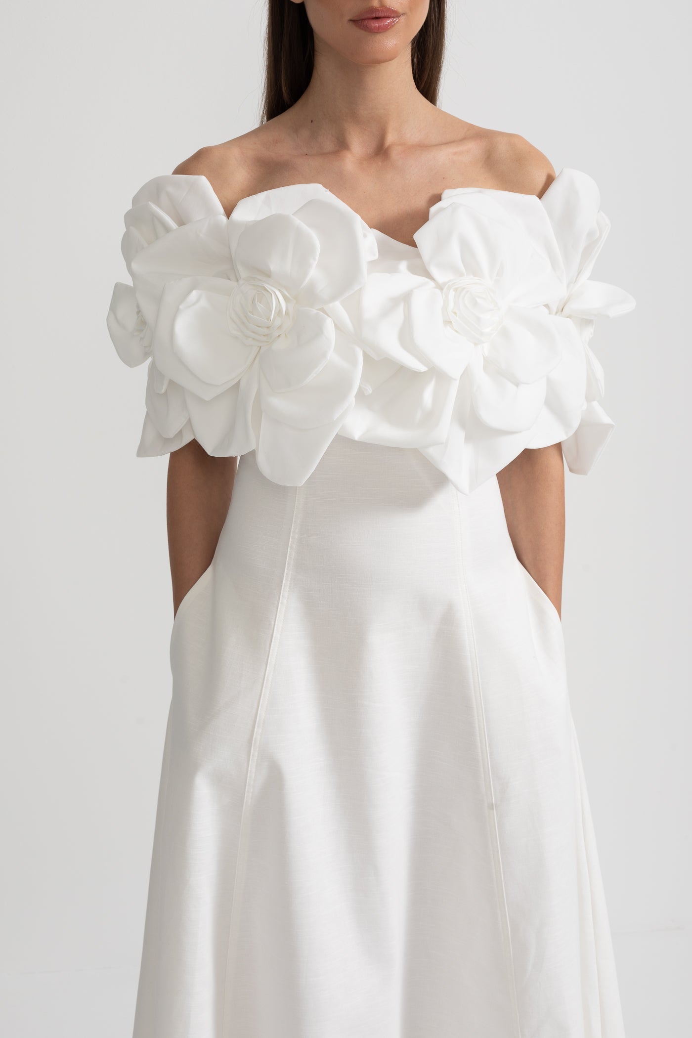 Off-Shoulder Midi Dress With Large Fabric Floral Accents