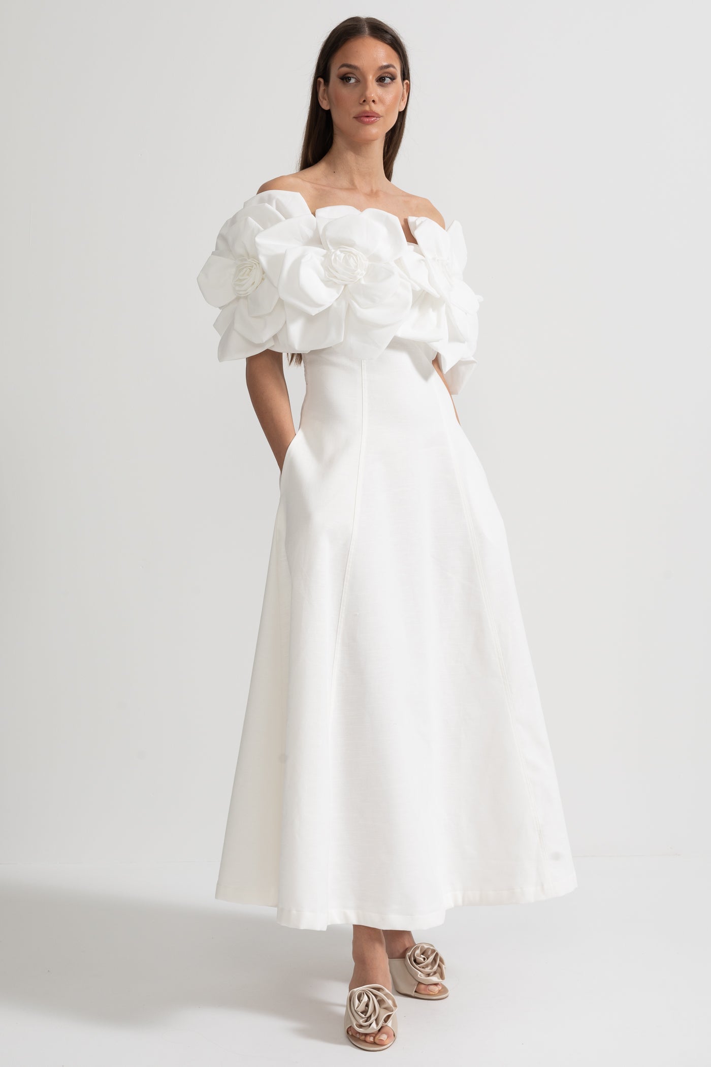 Off-Shoulder Midi Dress With Large Fabric Floral Accents