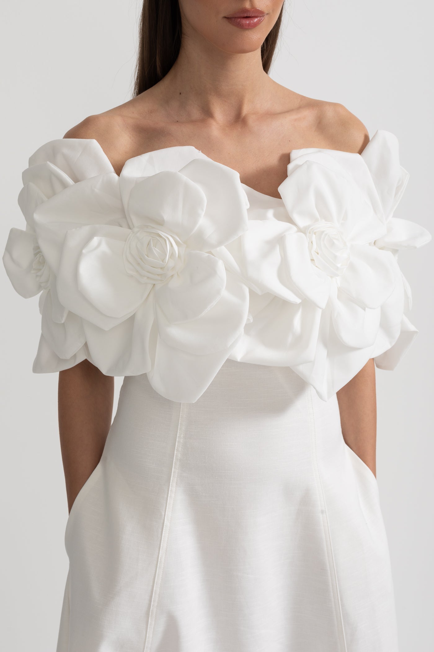 Off-Shoulder Midi Dress With Large Fabric Floral Accents