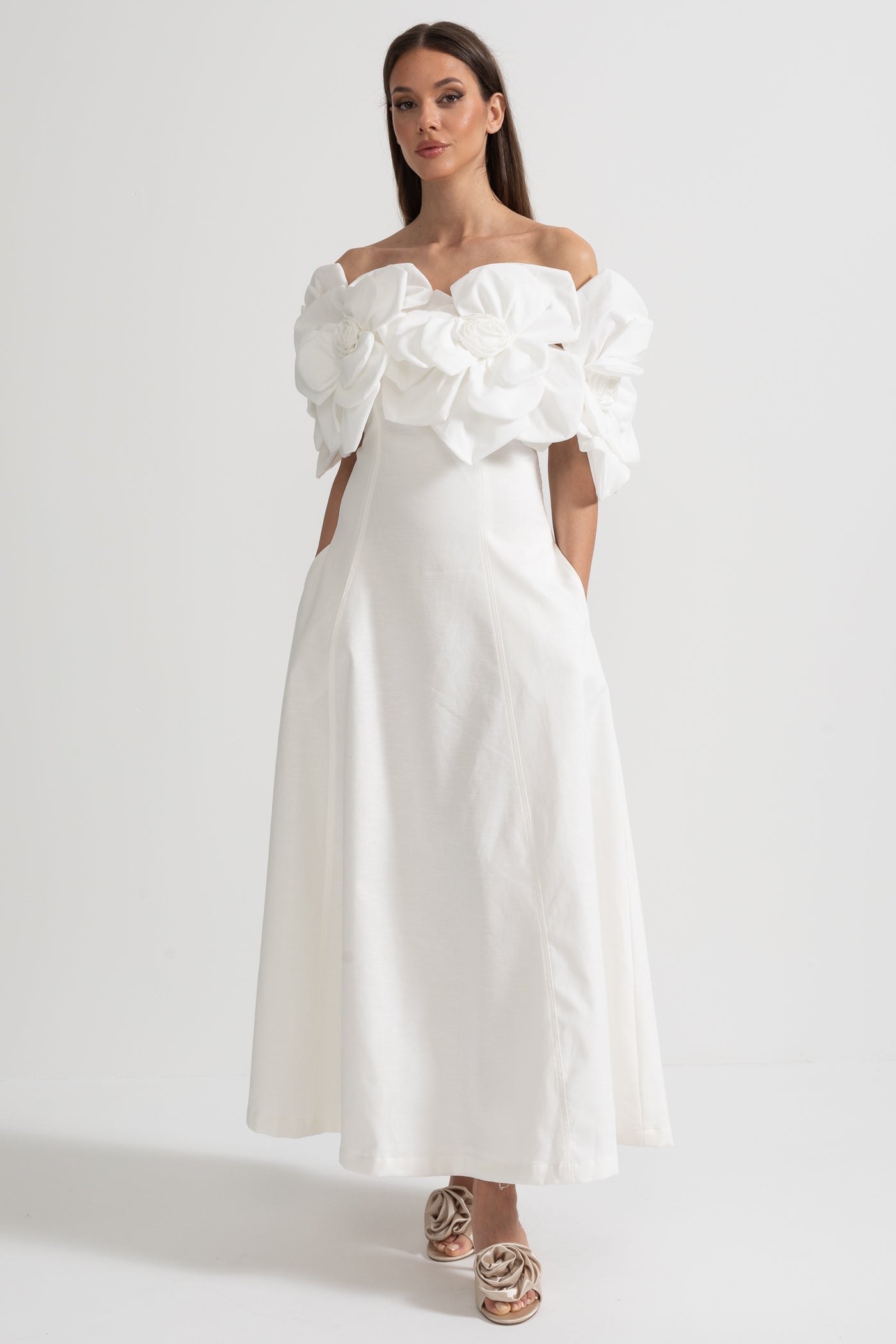 Off-Shoulder Midi Dress With Large Fabric Floral Accents
