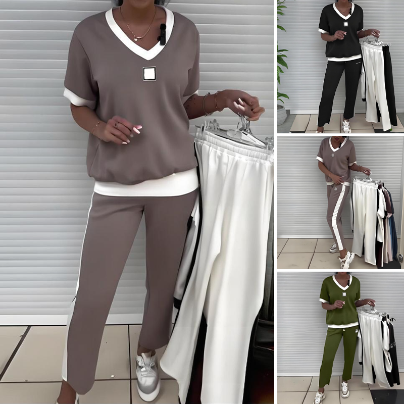 Casual women's two-piece: V-neck top and trousers