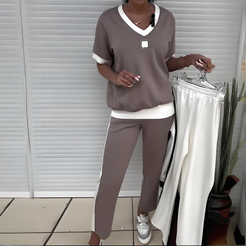 Casual women's two-piece: V-neck top and trousers