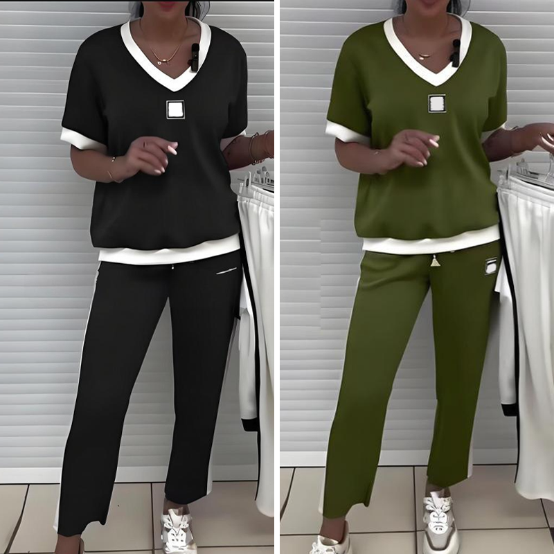 Casual women's two-piece: V-neck top and trousers